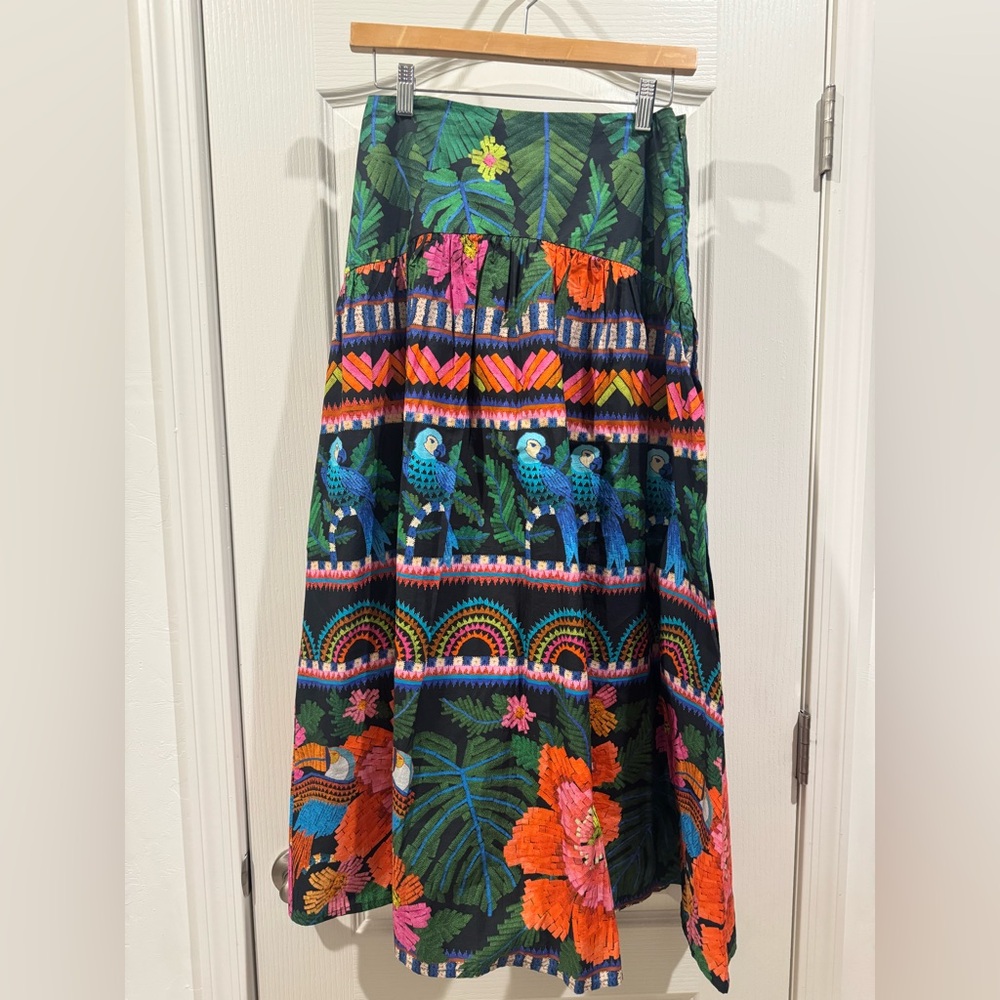 Farm Rio by Anthropologie Printed Maxi Skirt Multicolor Parrot Size Small